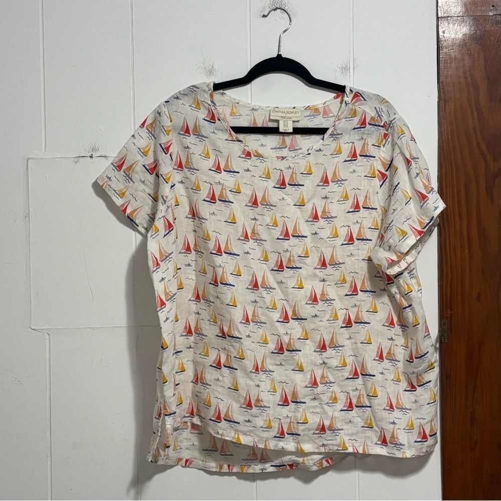 Cynthia Rowley Linen Blouse with Sailboat Design‎ Novelty Print 1X